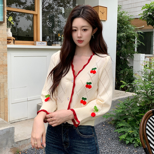 Ciobbur 针织衫女休闲百搭菱格樱桃撞色开衫2025秋季新款官方授权