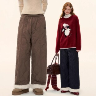 新款 脚绗缝松紧腰2025冬季 官方授权 女宽松毛边拼接裤 AsGony休闲裤