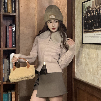 LEAPDREAM针织衫双拉链毛领坑条