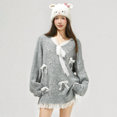 Vitatrend毛衣休闲V领蕾丝花边蝴蝶结珍珠上衣26春季 新款 官方授权