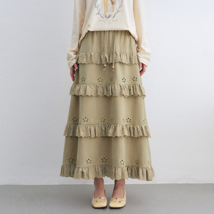 官方授权 新款 AsGony半身裙时尚 复古多层花边镂空绣花长裙2026春季