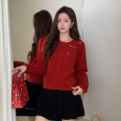 Ciobbur毛针织衫枫叶扣串珠亮片