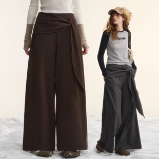 新款 2025冬季 官方授权 百搭宽松不规则假两件阔腿长裤 AsGony休闲裤