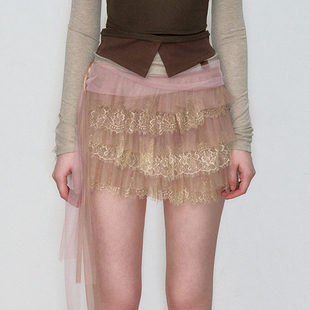 新款 VIA 蕾丝拼接百搭飘带蛋糕裙26春季 半身裙时尚 官方授权 PITTI