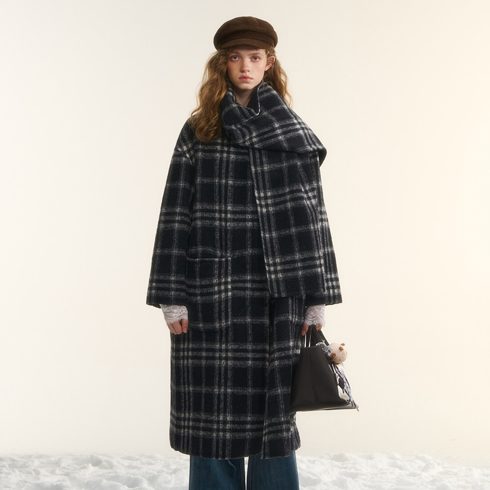AsGony毛呢外套女款韩系时尚双面穿格纹大衣2025冬季新款官方授权