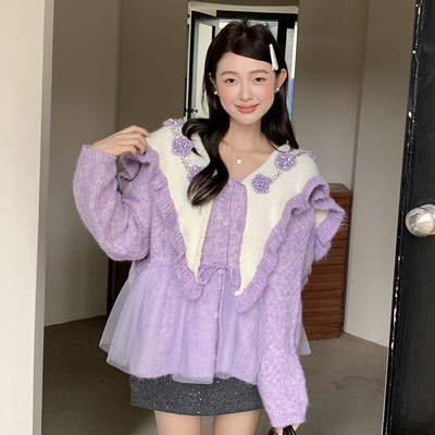 Ciobbur毛衣水钻花朵蕾丝拼接