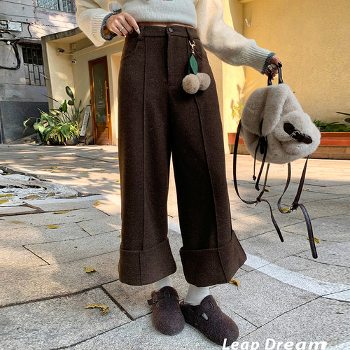 LEAPDREAM休闲裤毛呢中线翻边