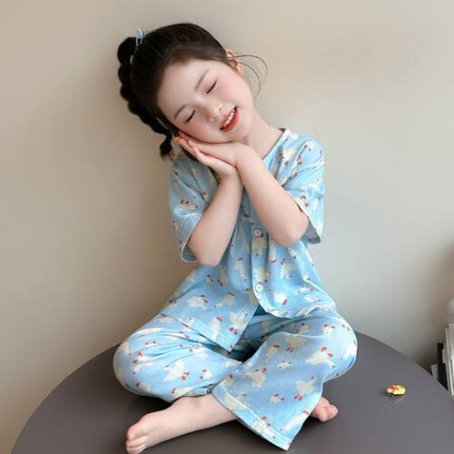 儿童睡衣纱布双层夏季女童家居服短袖宝宝空调服薄款卡通A类套装