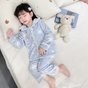 女童秋冬法兰绒保暖家居服珊瑚加厚艾莎宝宝网红公主睡衣套装儿童