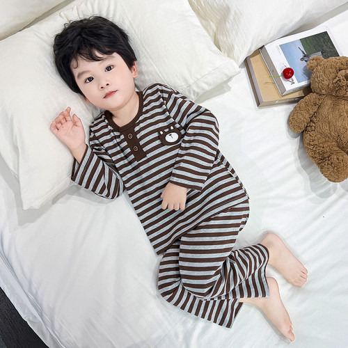 男童家居服男宝宝卡通条纹睡衣套装纯棉韩版套装套头卡通两件套
