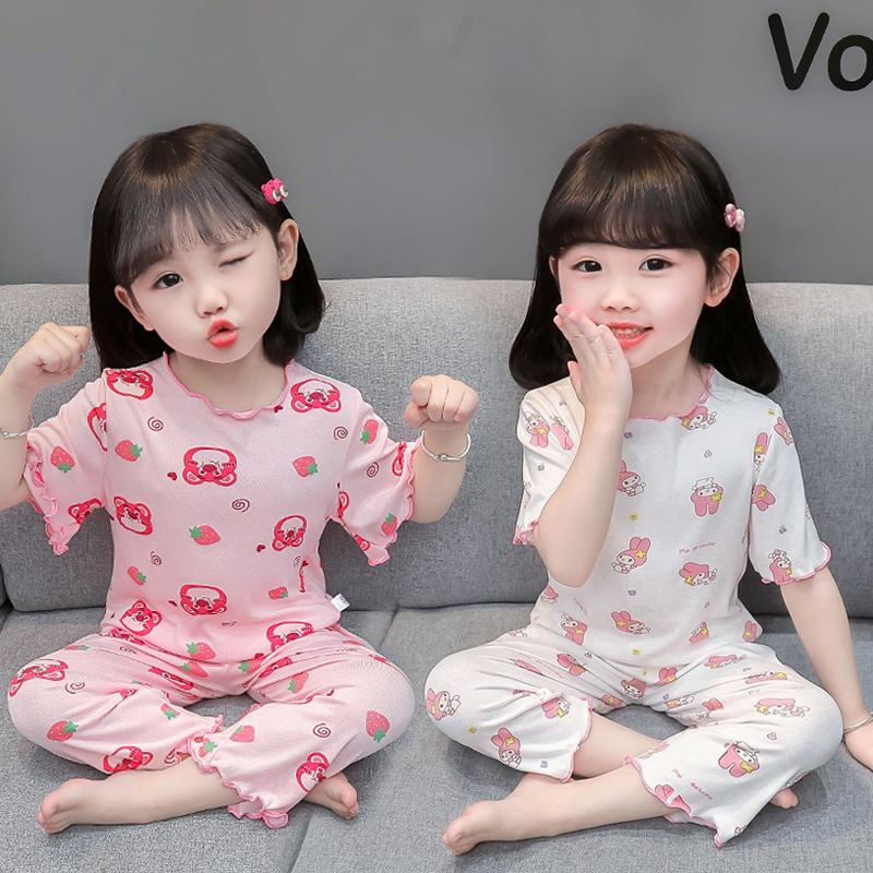 兒童睡衣夏季莫代爾女寶寶薄款空調(diào)服套裝女童花邊卡通短袖家居服