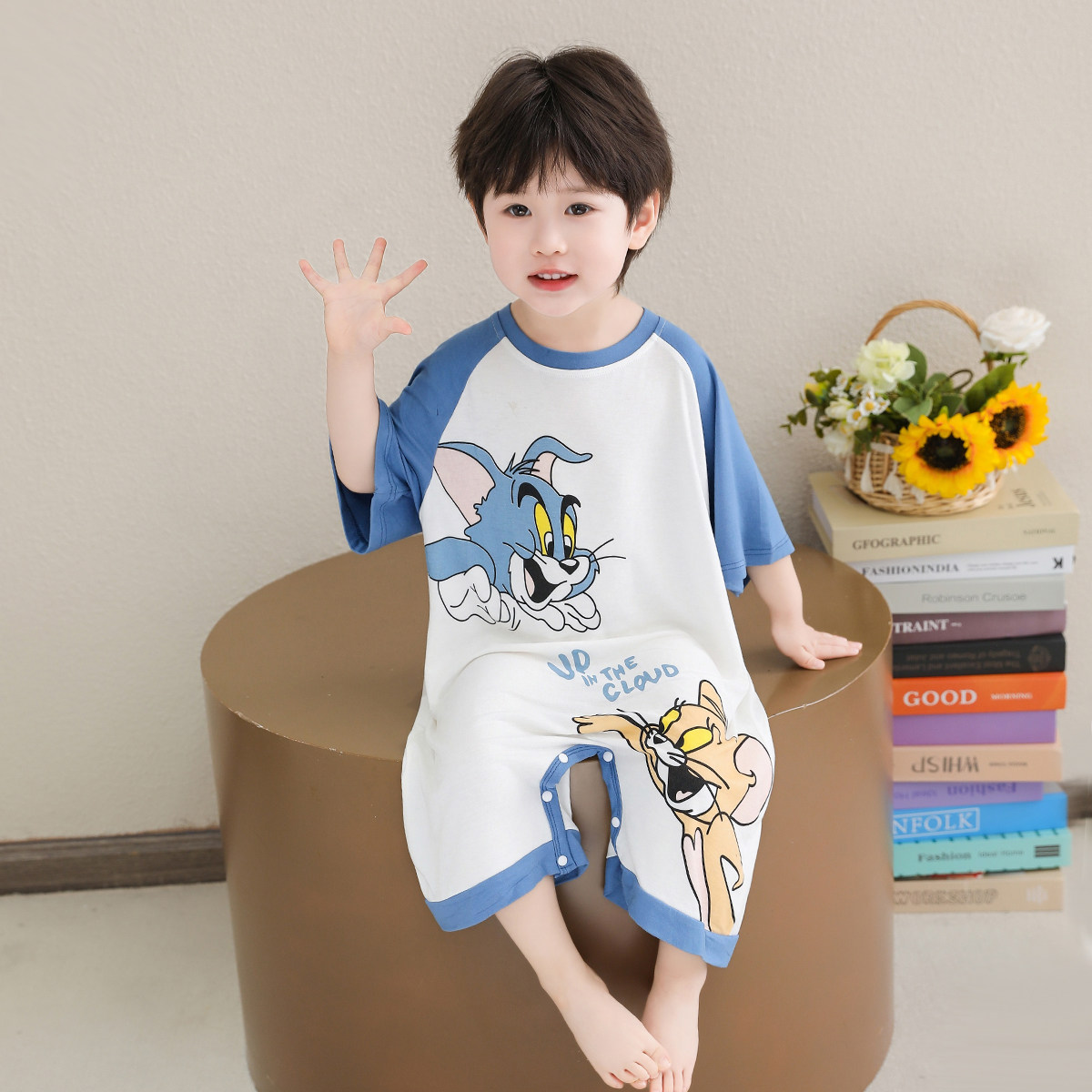 儿童连体睡衣宝宝空调服家居服夏薄款中袖莫代尔男童宝宝卡通睡袋