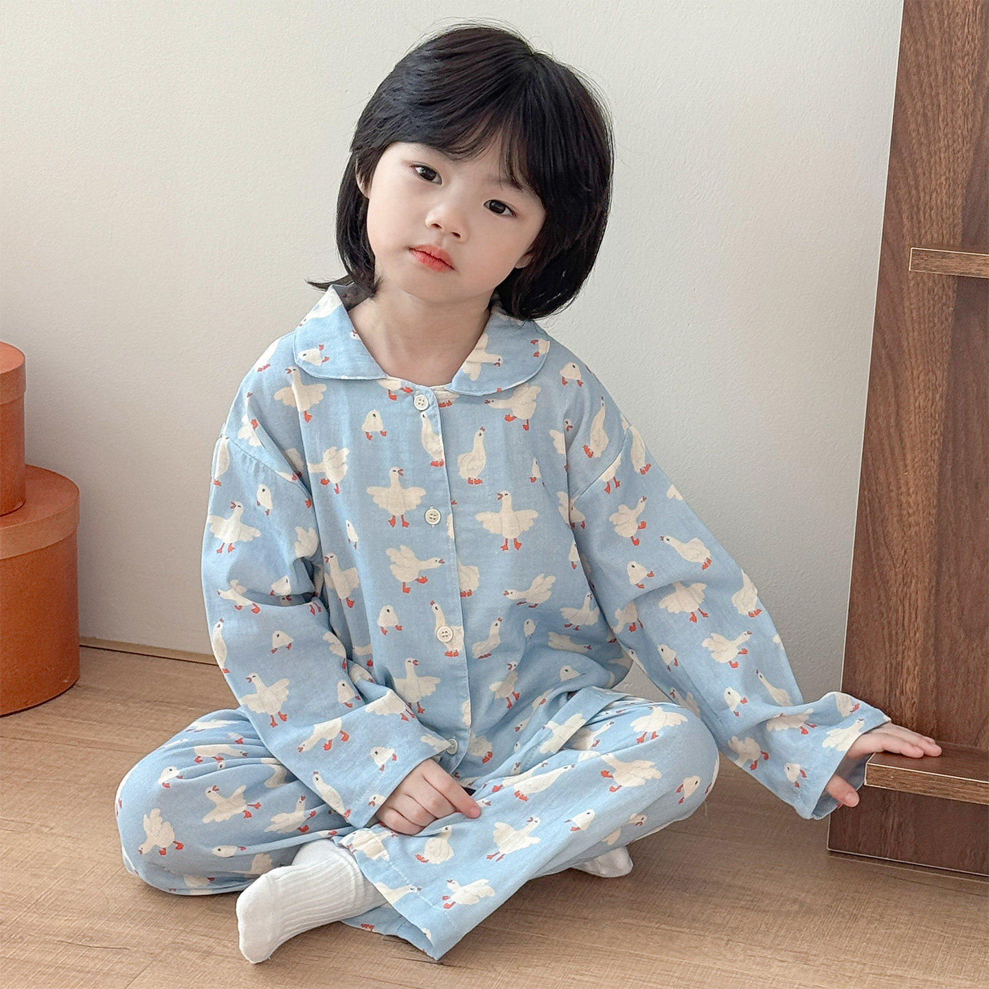 儿童睡衣纯棉纱布长袖开衫春秋款宝宝男童女童翻领宽松家居服套装
