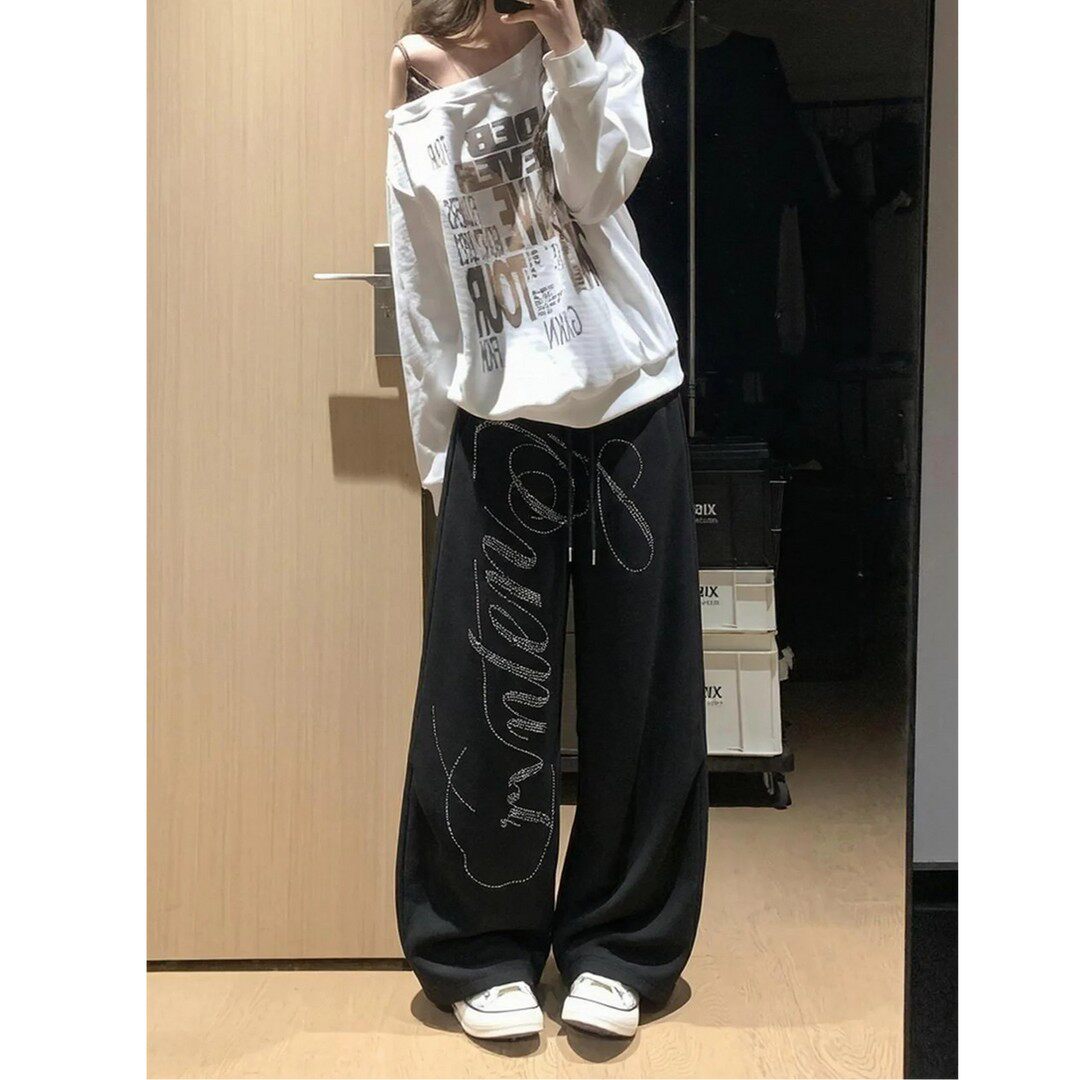 2026美式街头风字母烫钻弯刀男女款秋季宽松个性阔腿休闲长裤裤子