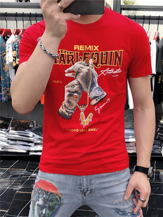 印花短袖 男士 欧洲站潮牌高端纯棉男修身 上衣 红色t恤夏季 2022新款