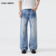 潮牌宽松微喇裤 CHAN 子 男女款 高街2026新款 MONTH美式 冰裂蓝牛仔裤
