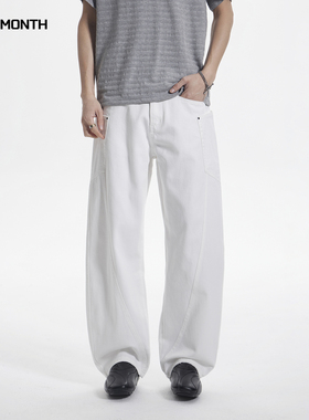CHAN MONTH美式夏季白色弯刀牛仔裤男宽松百搭休闲阔腿长裤子