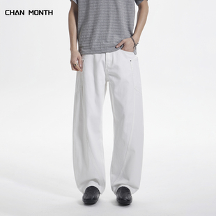 CHAN MONTH美式夏季白色弯刀牛仔裤男宽松百搭休闲阔腿长裤子