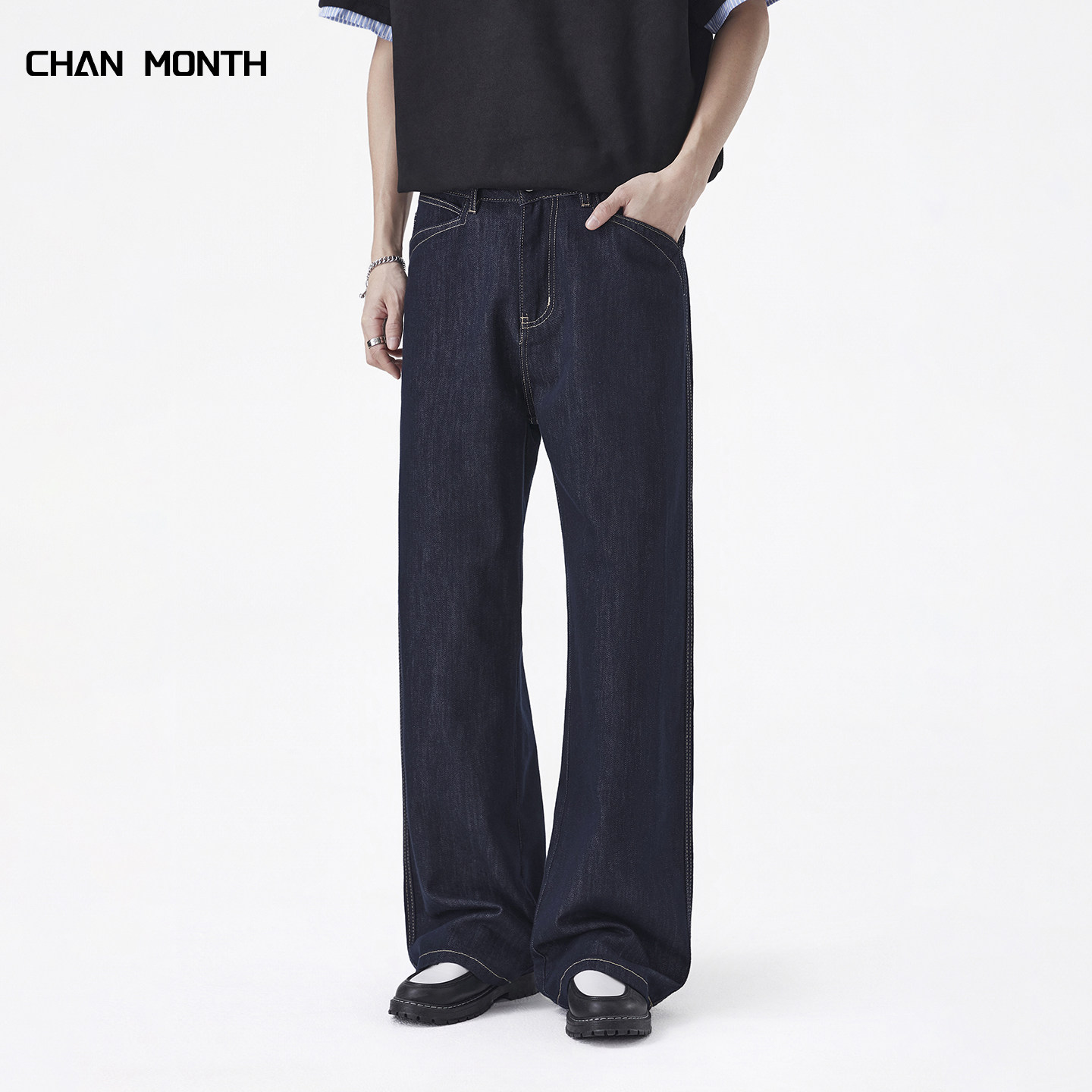 CHAN MONTH美式原色牛仔裤男春季莱赛尔高街宽松直筒阔腿长裤子