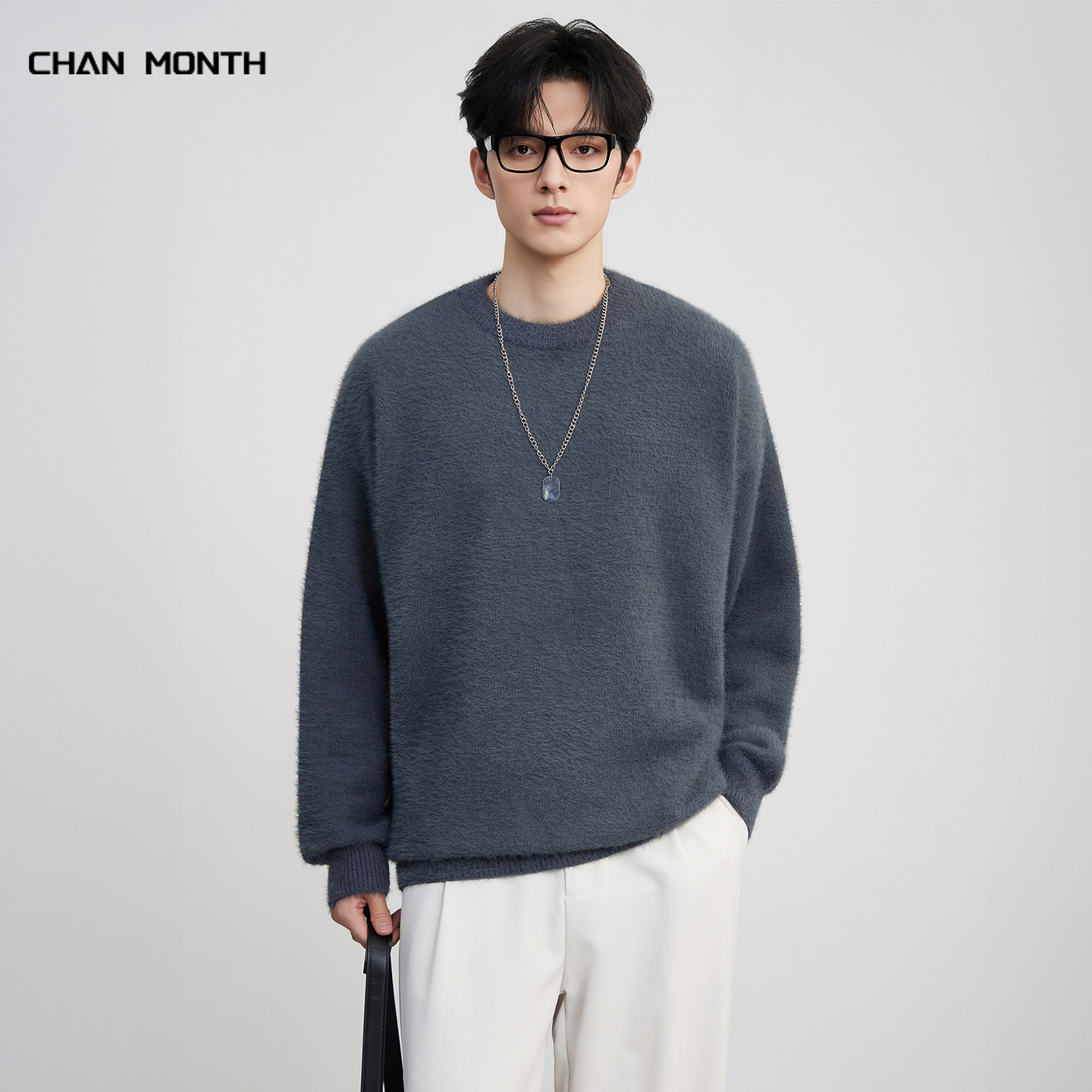 CHAN MONTH美式复古圆领毛衣男秋季潮牌宽松针织衫上衣外套慵懒风