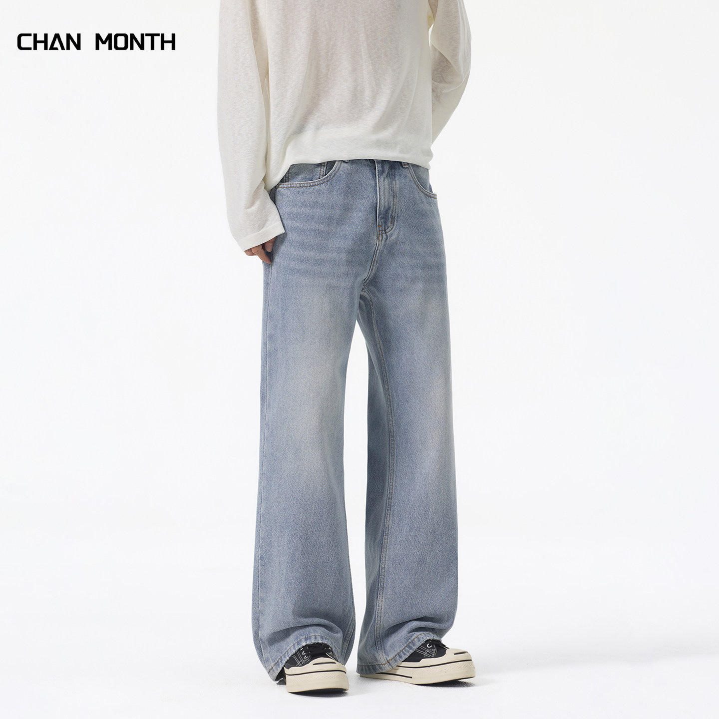 CHAN MONTH美式复古浅蓝色牛仔裤男宽松直筒秋季休闲百搭长裤子