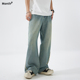 MONTH美式 休闲阔腿牛仔裤 男宽松直筒裤 CHAN 水洗做旧复古毛边裤 子
