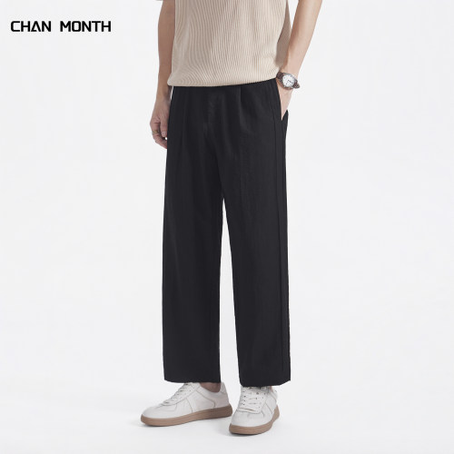 CHANMONTH夏季亚麻黑色九分裤男