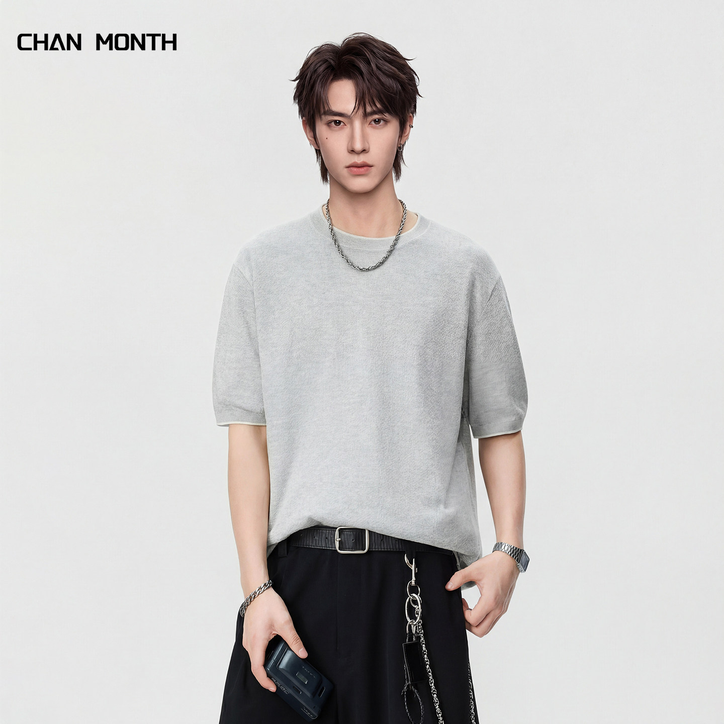 CHAN MONTH老钱风亚麻肌理感针织圆领短袖夏季潮牌宽松男T恤