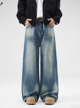 CHAN MONTH美式复古水洗cleanfit蓝色直筒牛仔裤男女潮牌宽拖地裤