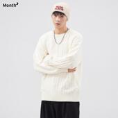 CHAN MONTH秋冬潮牌纯棉质圆领针织毛衣男复古宽松拼接内搭打底衫