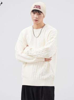 CHAN MONTH秋冬潮牌纯棉质圆领针织毛衣男复古宽松拼接内搭打底衫