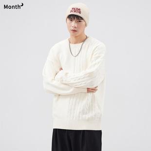 CHAN MONTH秋冬潮牌纯棉质圆领针织毛衣男复古宽松拼接内搭打底衫