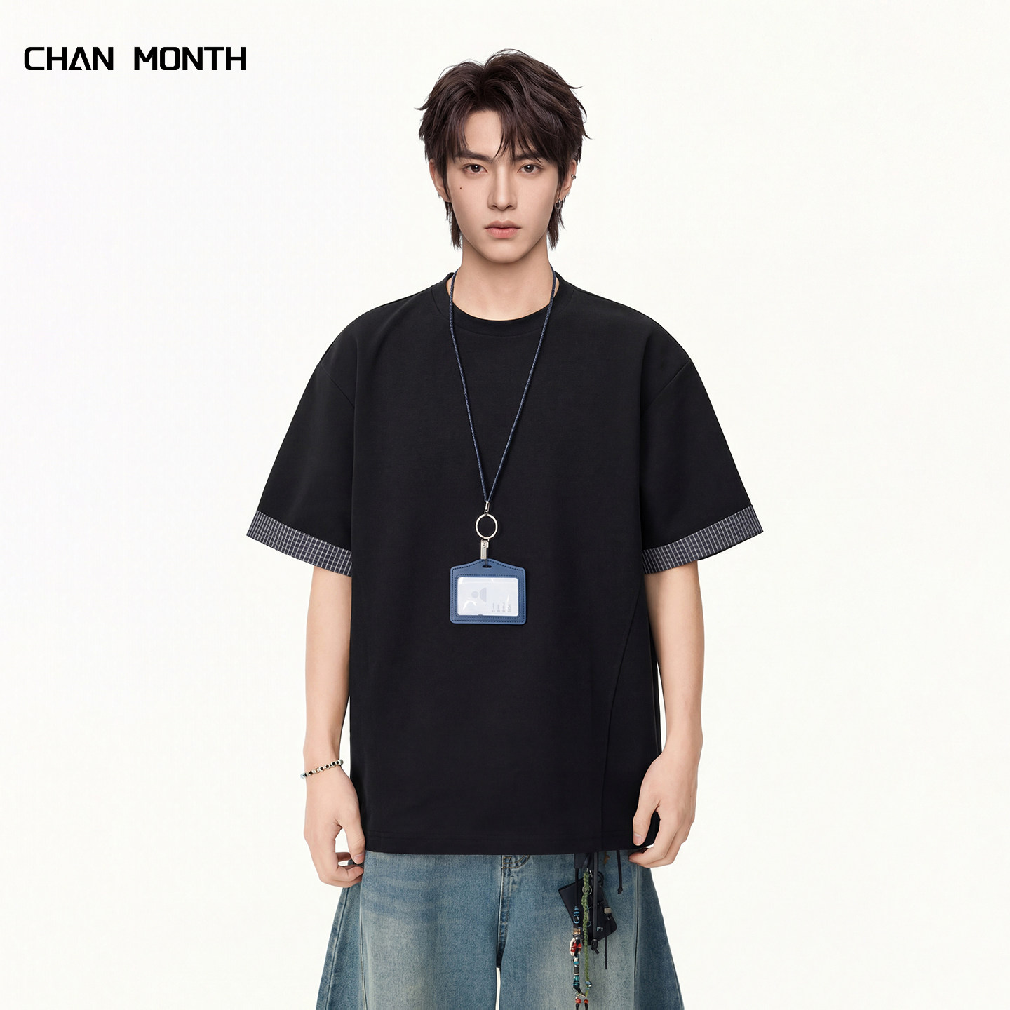 CHAN MONTH夏季黑色短袖T恤男宽松圆领拼接潮牌简约休闲上衣