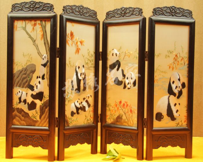 苏绣名家纯手工精品双面绣紫檀木四页屏摆件公司商会务礼熊猫团圆