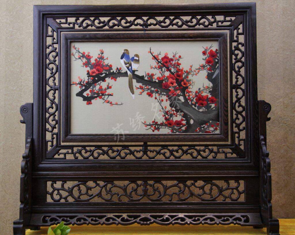 苏州手工刺绣双面绣 苏绣屏风 鸡翅木双面绣摆件馈赠佳品喜鹊登梅