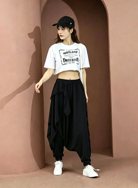 2026秋冬新款优质吊裆裤女耐穿宽松休闲低裆裤黑纱显瘦荷叶边垮裤