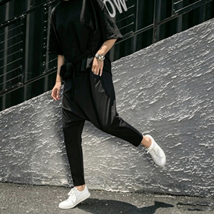 2025春夏弹力棉9分纯色吊裆裤女 哈伦裤运动垮裤低档裤大档裤男女
