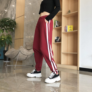 允格2024春夏纯色弹力垮裤女低档裤吊裆裤条纹哈伦裤小脚裤大档裤