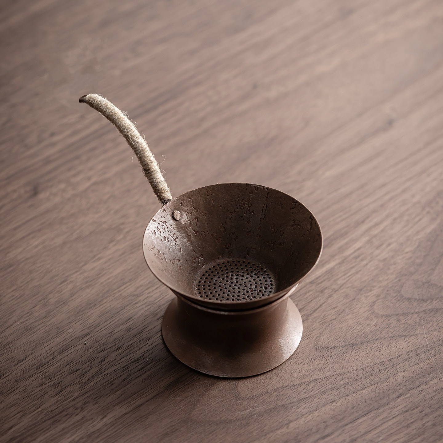 望山紫铜锤纹茶漏复古麻绳手柄茶滤茶叶过滤器家用茶道配