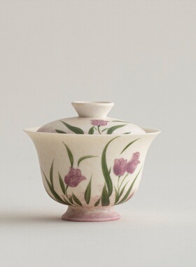 新中式手绘郁金香高足盖碗二才茶碗茶具泡茶具茶杯单个不烫手盖碗