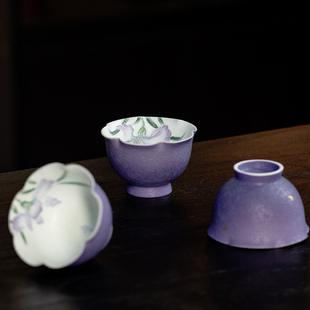 望山火石红暮云紫手绘鸢尾花仿古陶瓷家用品茗杯功夫茶具花口茶杯