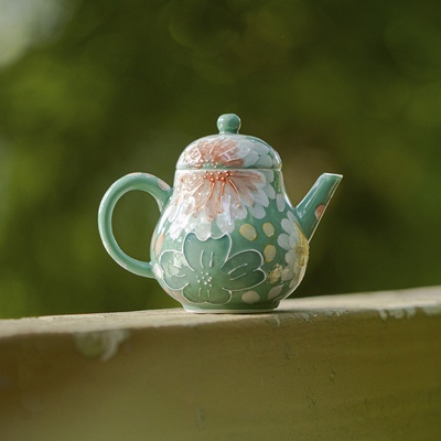 「望山」松石青堆白手绘叠花秋水壶 有田烧日式花朵茶壶功夫茶具