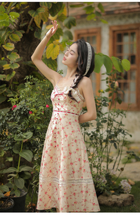 奈良nalen裙子红石榴法式棉制田园风蕾丝印花甜美浪漫连衣裙2025