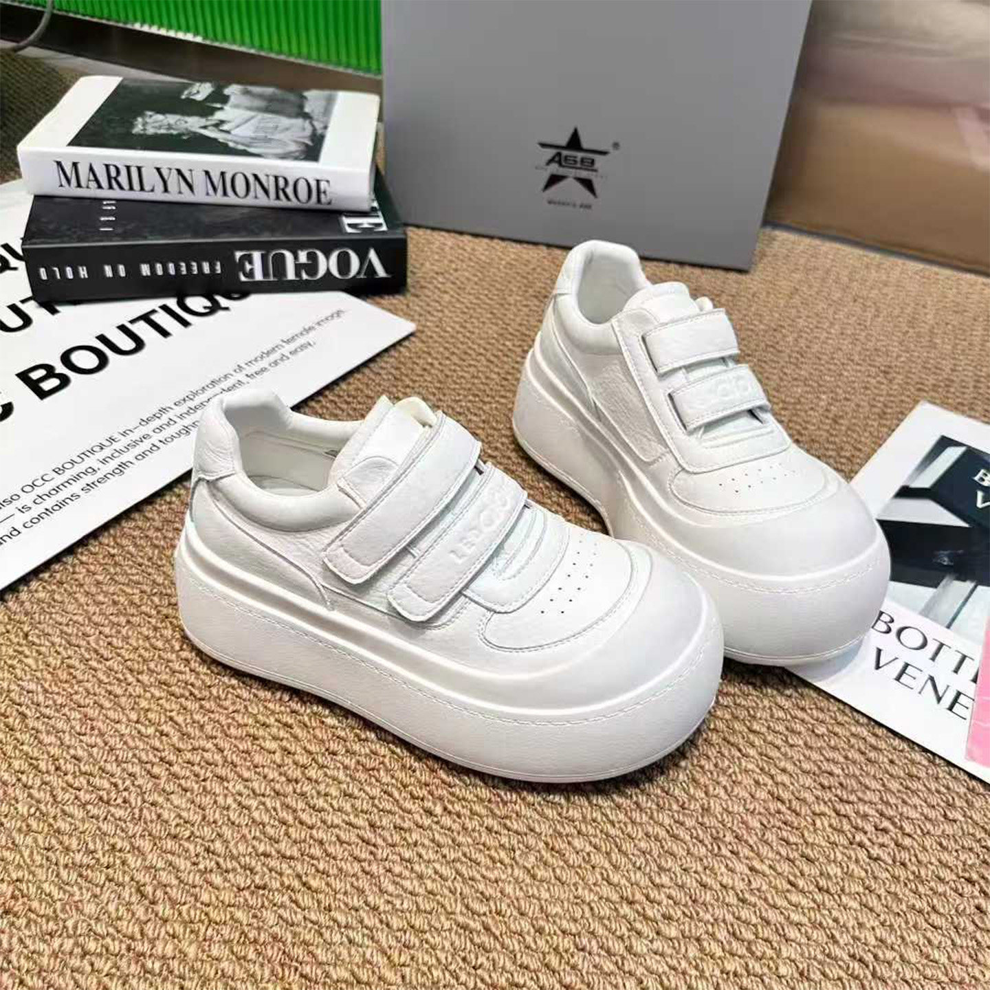 2026春季松糕厚底真皮小白鞋魔术贴款舒适增高日常穿搭适配多场景,女鞋,时尚休闲鞋,淘宝优惠券,粉丝福利购,淘宝优惠卷