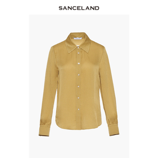 SANCELAND三石一澜秋新款简约高级真丝衬衫黄色微褶H型长袖上衣女
