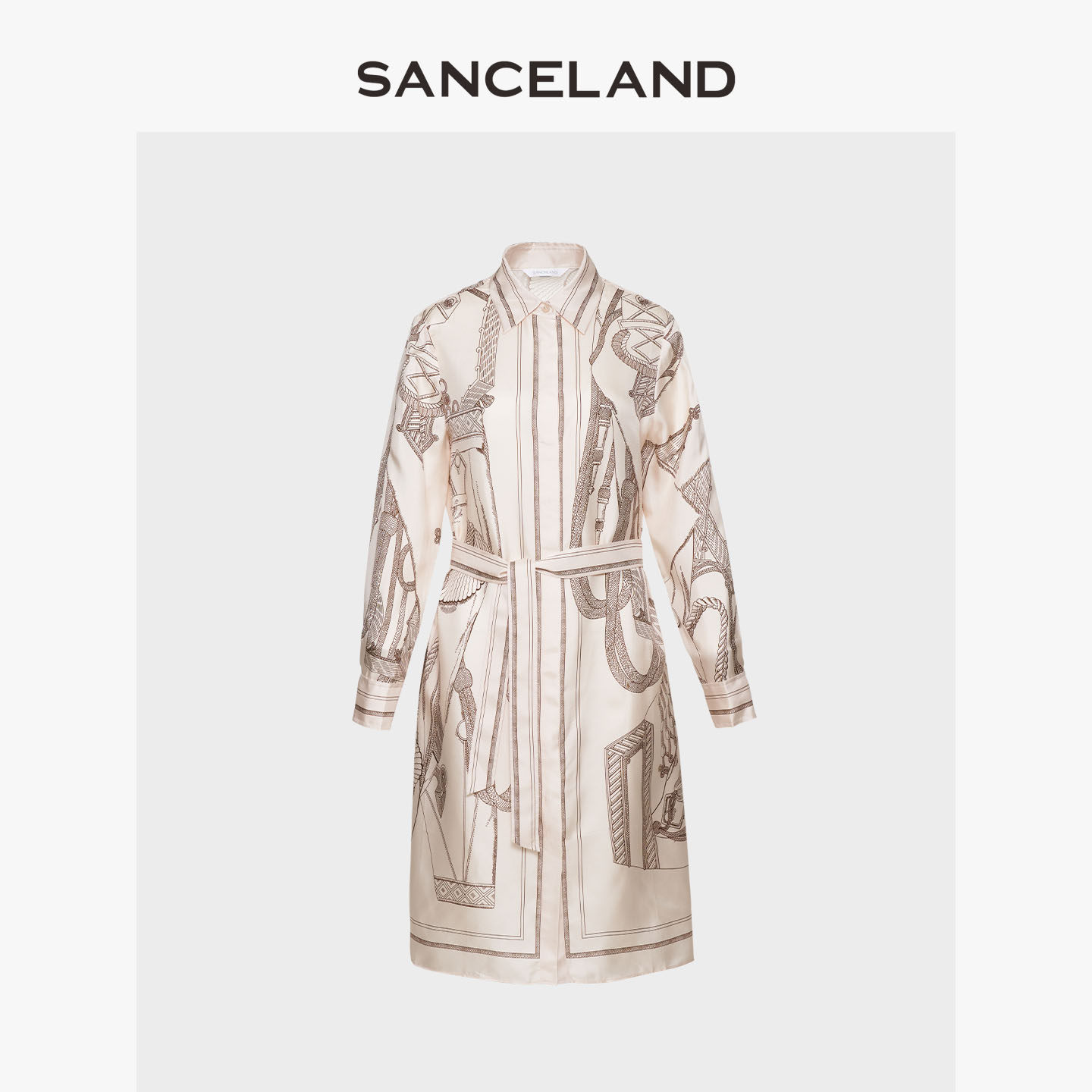 SANCELAND三石一澜春夏复古真丝印花系带衬衫领连衣裙SG34102116