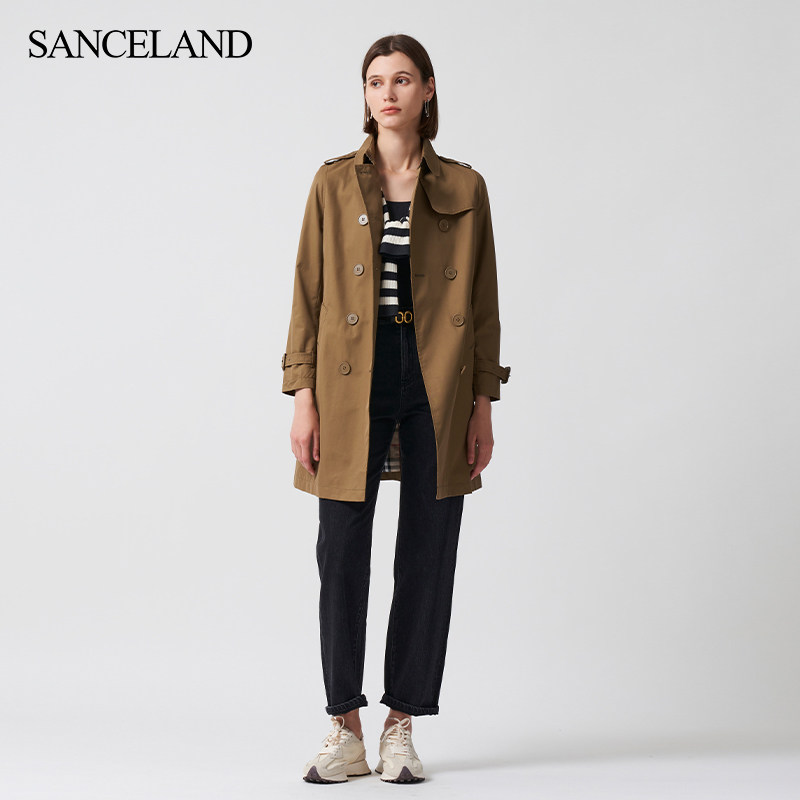 SANCELAND三石一澜春中长款纯棉风衣双排扣翻驳领外套SI15203032