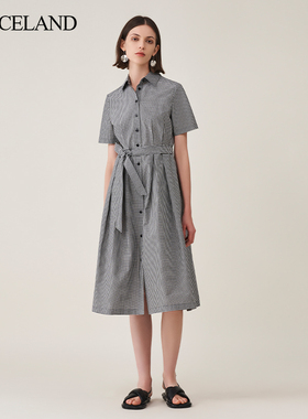 三石一澜夏季桑蚕丝X型衬衫领中长款经典复古收腰A型伞裙连衣裙