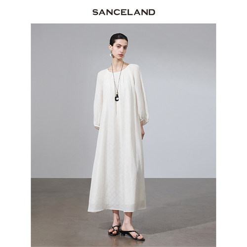 三石一澜夏新款桑蚕丝亚麻白色宫廷风宽松连衣裙附腰带SJ24104112