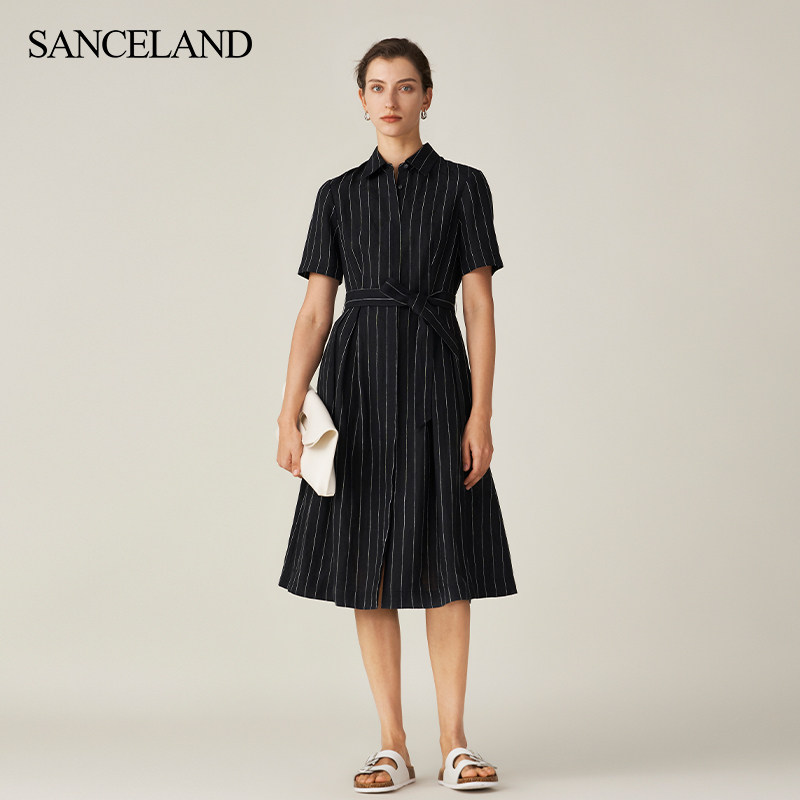 SANCELAND三石一澜夏季亚麻收腰系带直身连衣裙条纹短袖衬衫裙